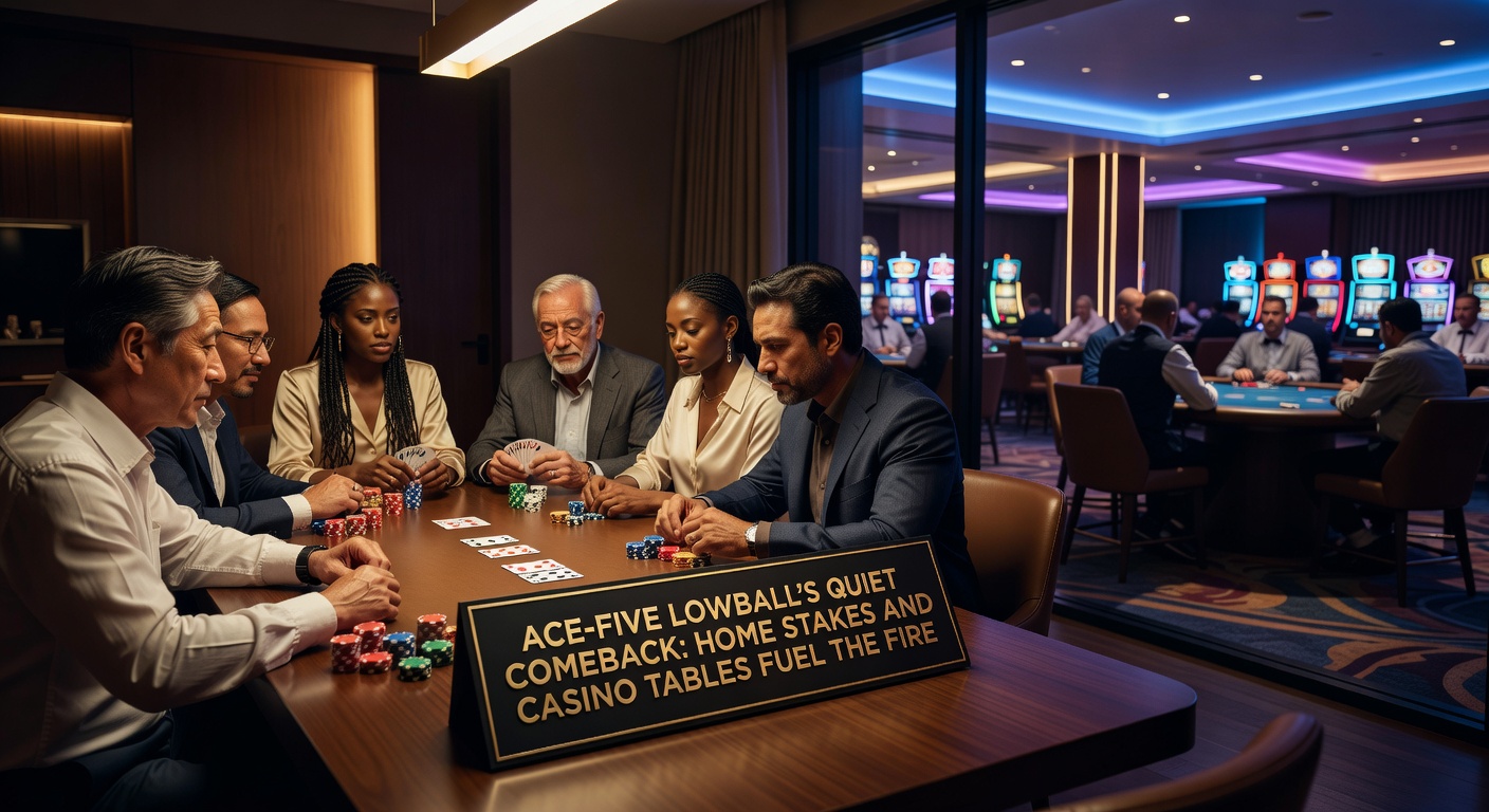 Gruppe von Spielern bei einem intensiven Ace-Five Lowball Home Game, Karten und Chips auf dem Tisch verteilt