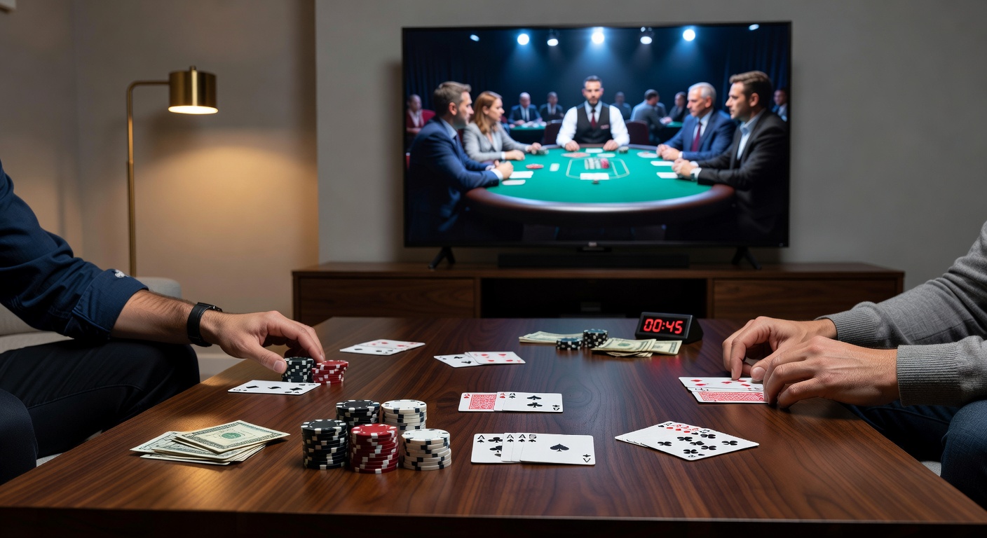 Casino-Tisch mit Ace-Five Lowball-Schild, Dealer verteilt Karten an konzentrierte Spieler