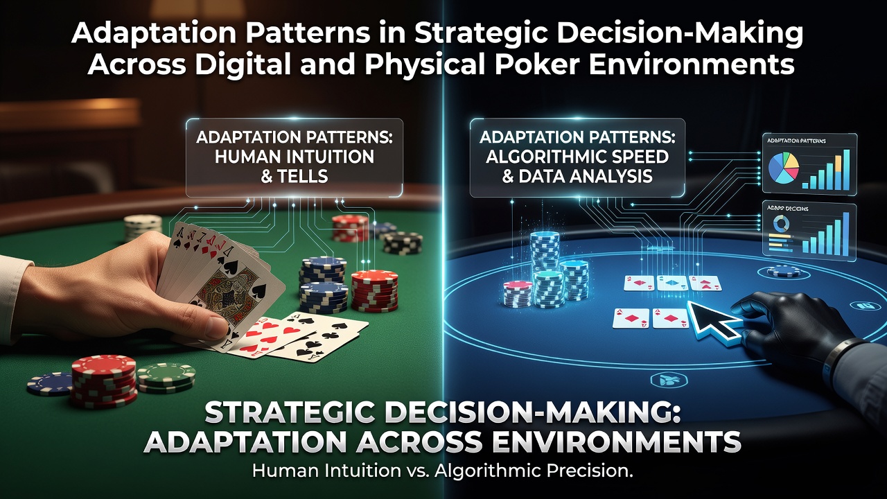 Spieler analysieren Karten und Statistiken an einem digitalen Poker-Tisch im Vergleich zu einem physischen Casino-Setting