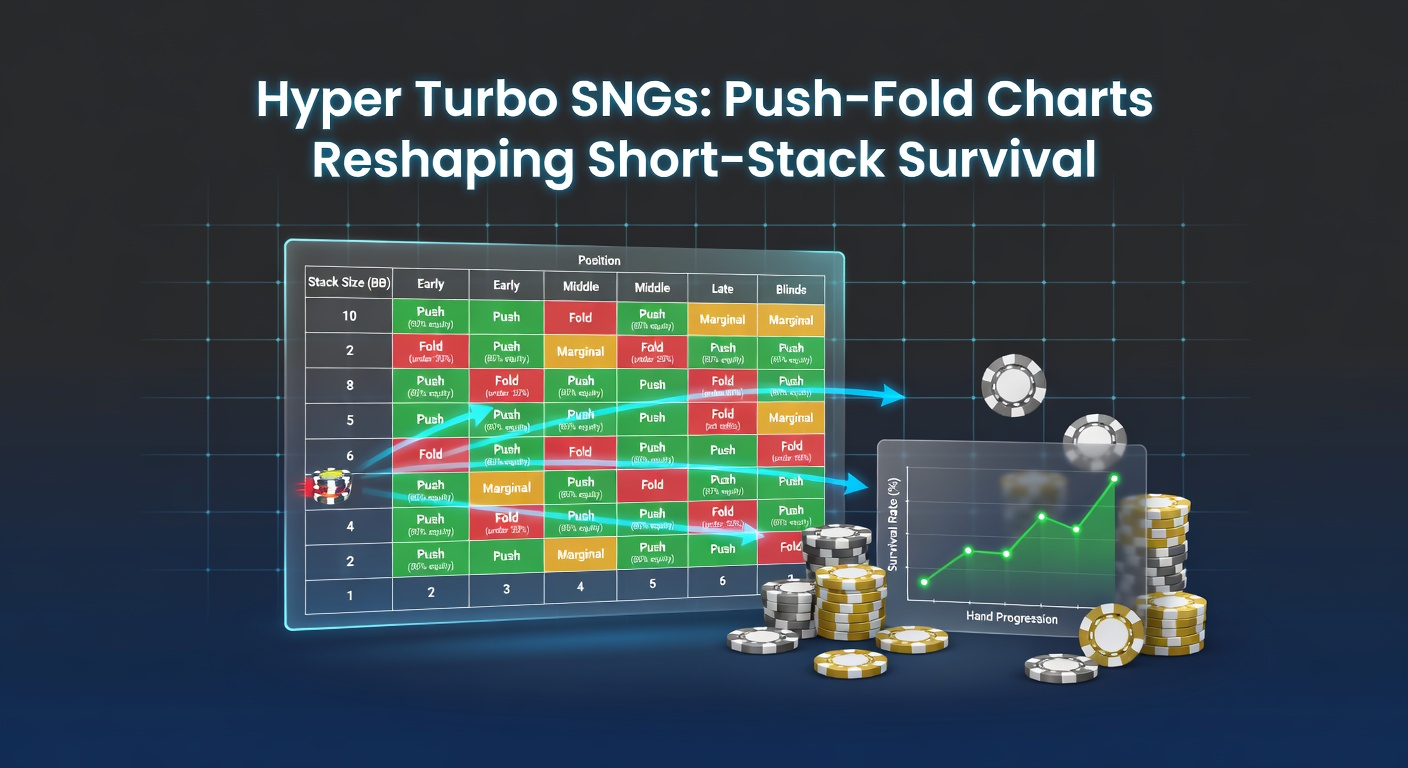 Darstellung eines Push-Fold-Charts für Hyper-Turbo-SNGs mit farbigen Zonen für Shove- und Call-Ranges bei verschiedenen Stackgrößen