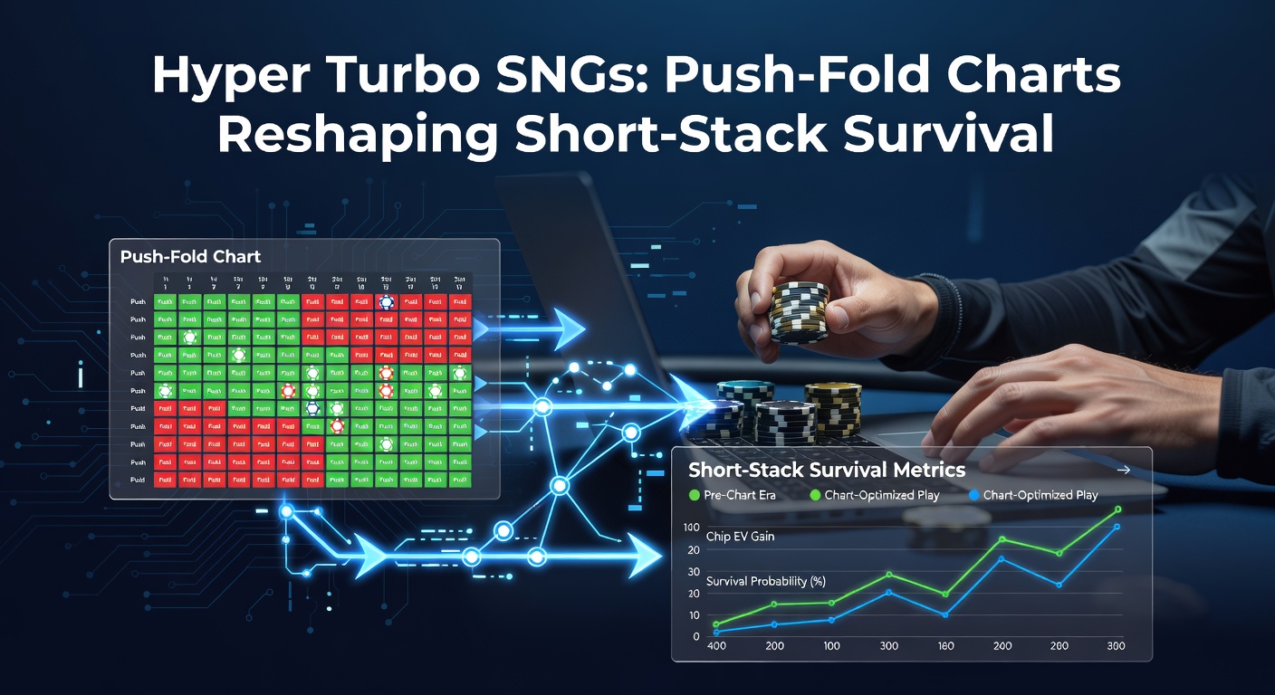 Beispiel für ein Hyper-Turbo-SNG-Turnierinterface mit aktuellem Stack, Blinds und einem überlagerten Push-Fold-Chart