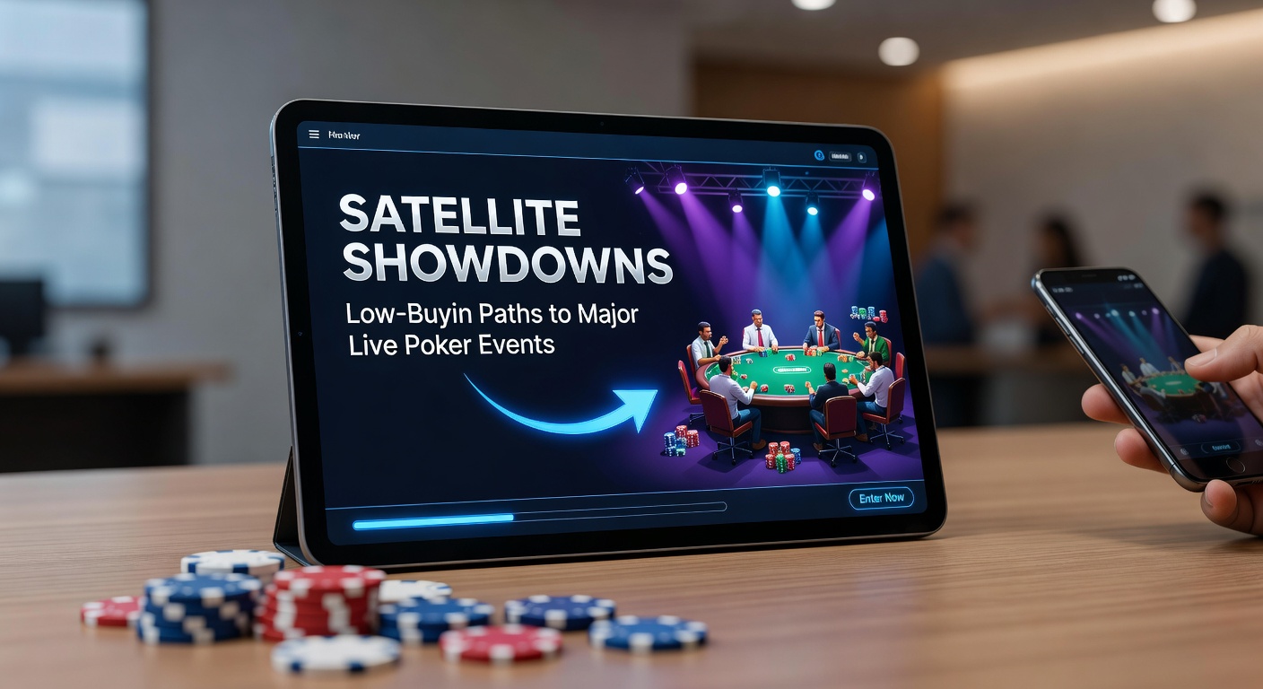 Spieler am Pokertisch bei einem Satellite-Turnier, mit Chips und Karten im Vordergrund, während im Hintergrund ein großes Live-Event-Stadion sichtbar ist