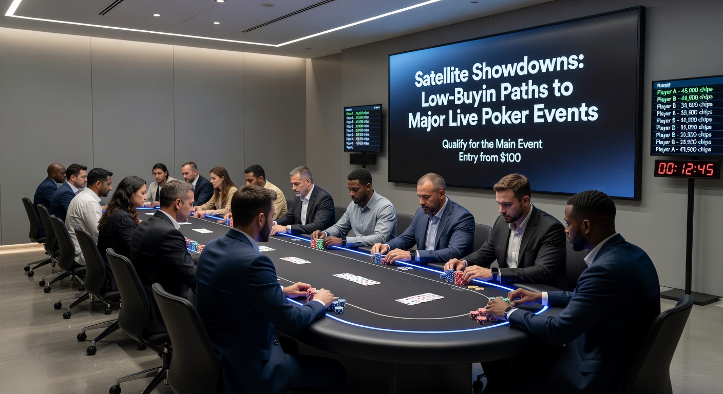 Gruppe jubelnder Poker-Spieler nach Satellite-Sieg, mit Pokal und Reisegepäck, vor einem Banner eines großen Turniers