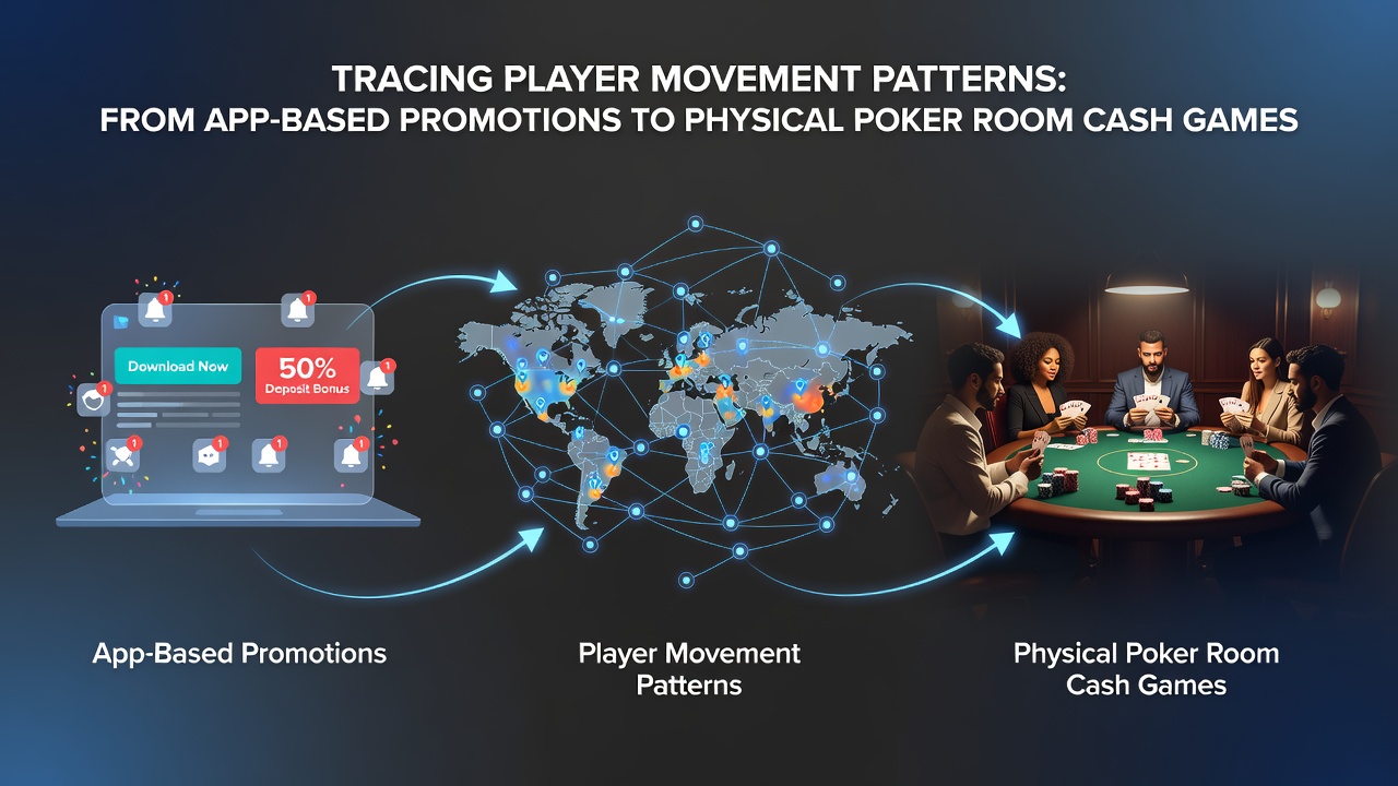 Diagramm illustriert Spielerströme zwischen Apps und Live-Poker-Räumen mit Bewegungsvektoren