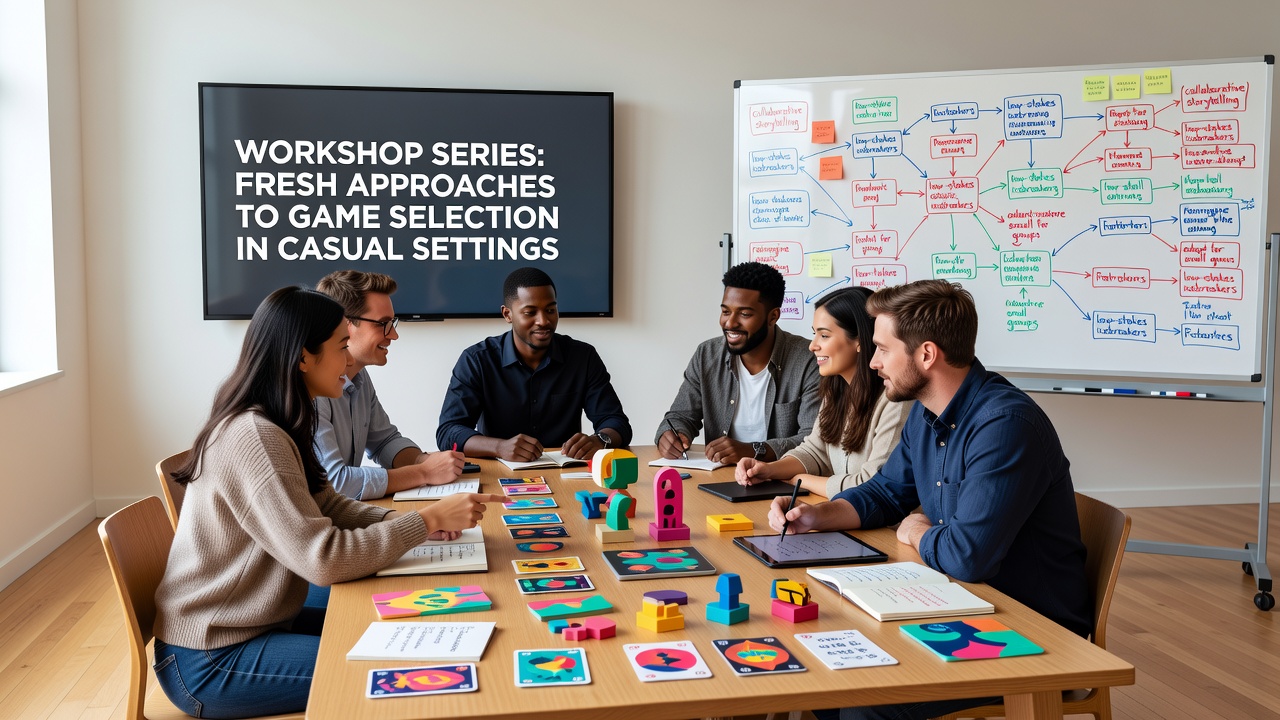 Teilnehmer bei einem Workshop zur Spielauswahl in einer lockeren Gruppenatmosphäre mit verschiedenen Brettspielen auf dem Tisch